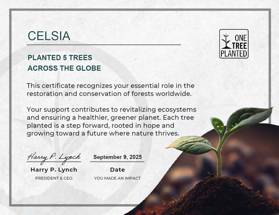 Certificado personalizado de OneTreePlanted entregado a nuestros clientes